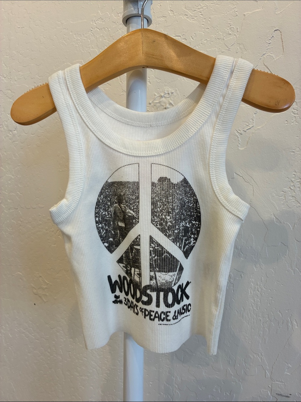 Rowdy Sprout White Tank Top with Black Woodstock Peace Graphic